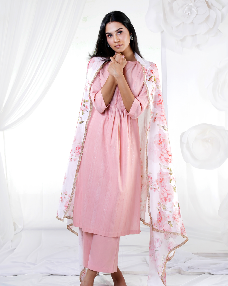 Onion Pink Taffeta Silk Plain Palazzo Anarkali Suit with Sequin Dupatta