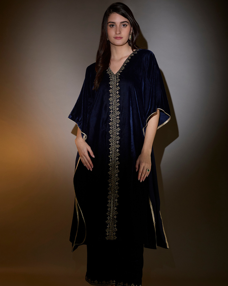 Navy blue Velvet kaftan with embrodiery