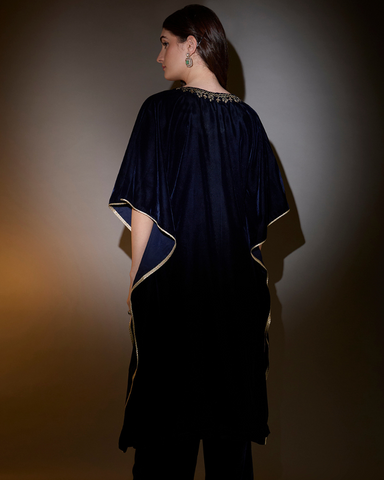 Navy blue Velvet kaftan with embrodiery