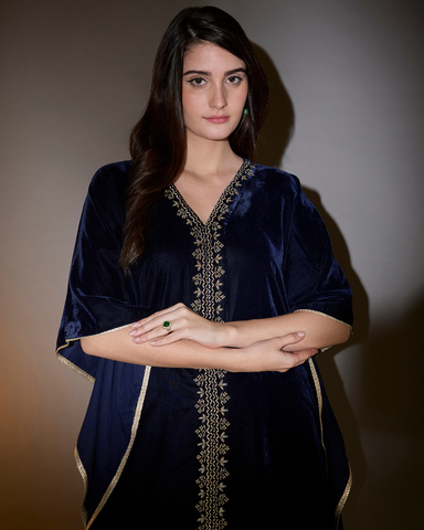 Navy blue Velvet kaftan with embrodiery