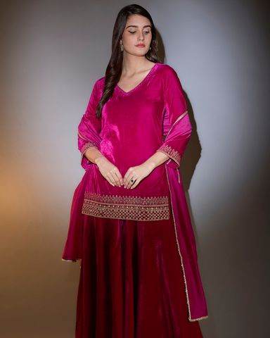 Pink short Kurta with Garara and dupatta