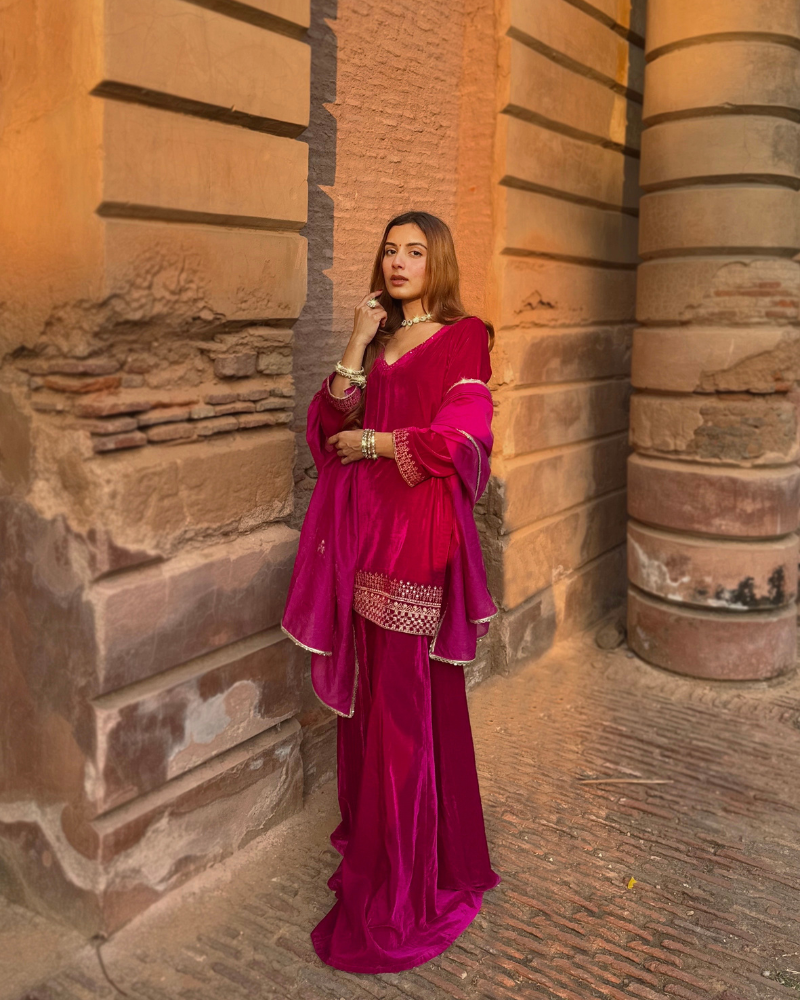 Pink short Kurta with Garara and dupatta