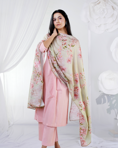 Peach Pleat Suit with olive pink Floral Dupatta