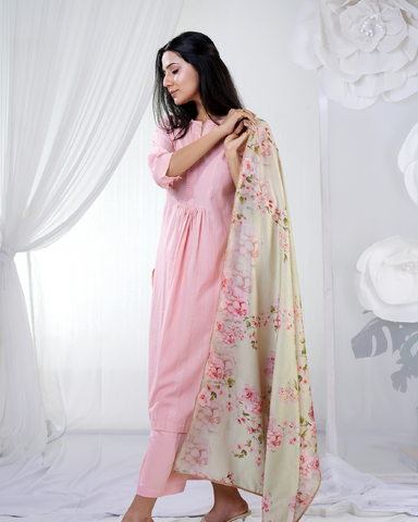 Peach Pleat Suit with olive pink Floral Dupatta